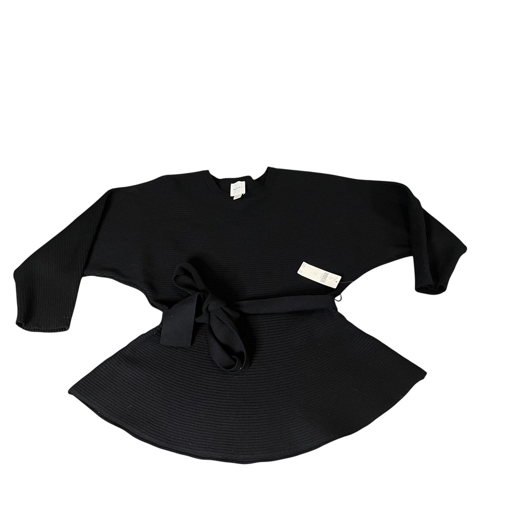 Maeve Anthropologie Black Ribbed Peplum Tunic Sweater Belted Crew Neck Small NWT